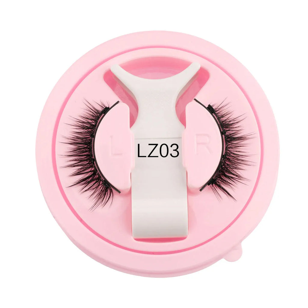 Set of thick, reusable waterproof false eyelashes in five sizes LZ03 to LZ14 on a clear tray.