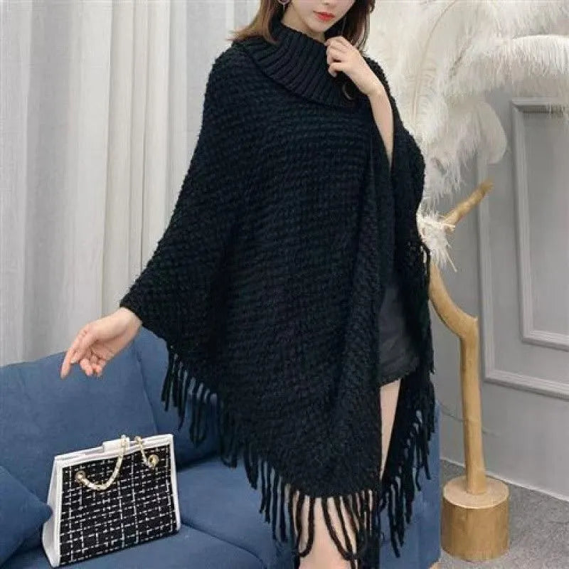 Women's casual triangle shawl cape in cashmere blend fabric with tassel detailing
