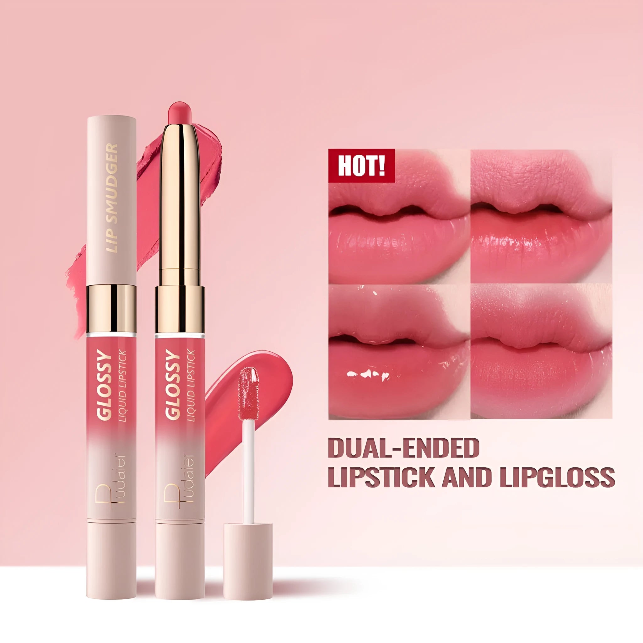 Double-headed lipstick and lip gloss cosmetic in 10 colour options with matte finish