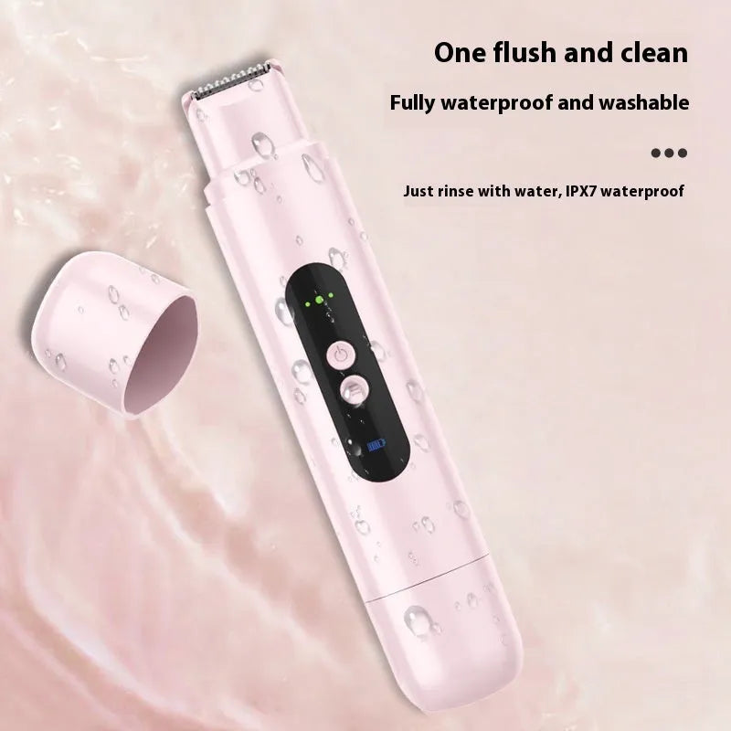 Portable electric hair removal device in white or pink with USB charging cable