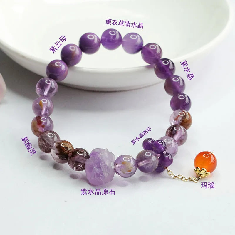Natural nine purple Amethyst and red agate crystal bracelet with approximately 7-8mm beads