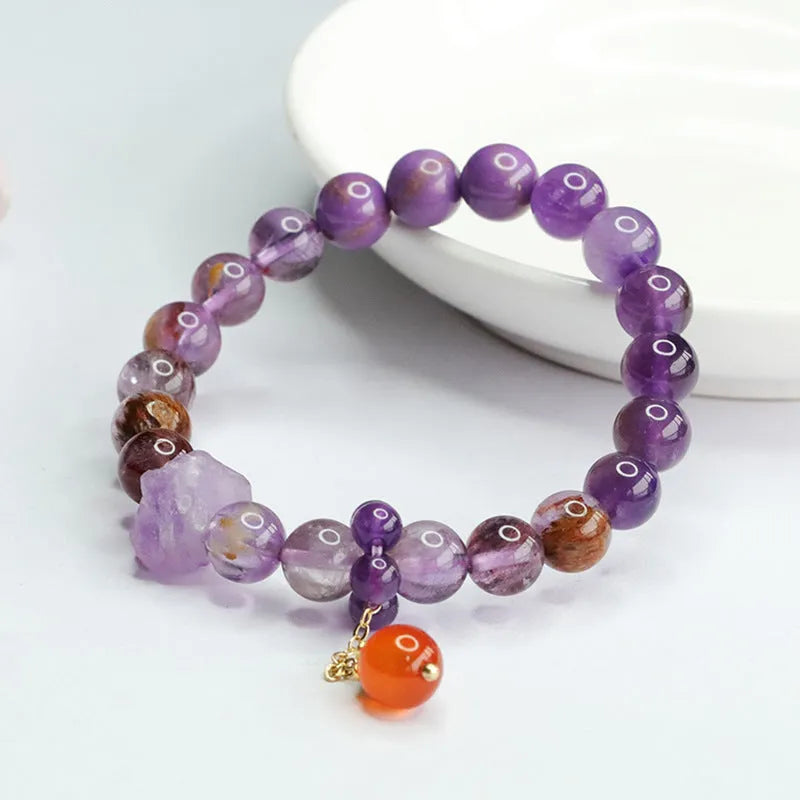 Natural nine purple Amethyst and red agate crystal bracelet with approximately 7-8mm beads