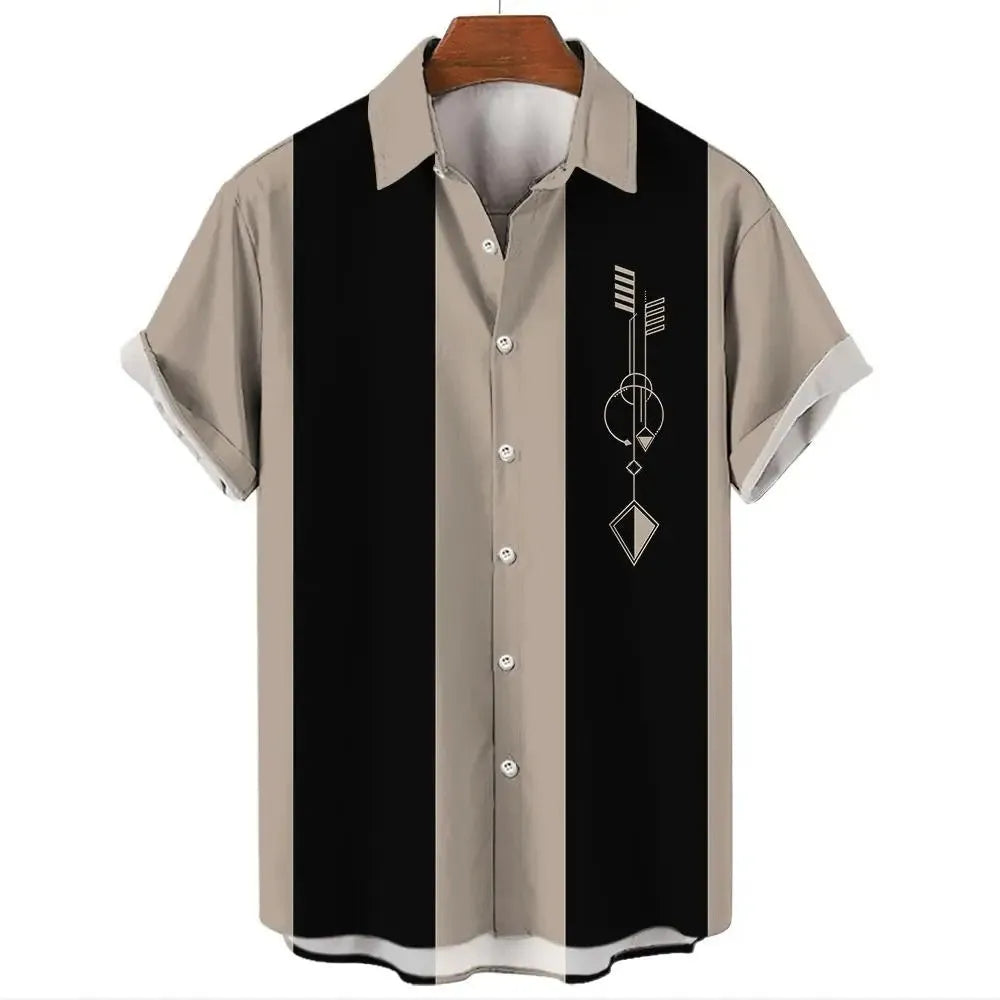 Men's striped Hawaiian casual shirt with button front and short sleeves in elastic band fabric