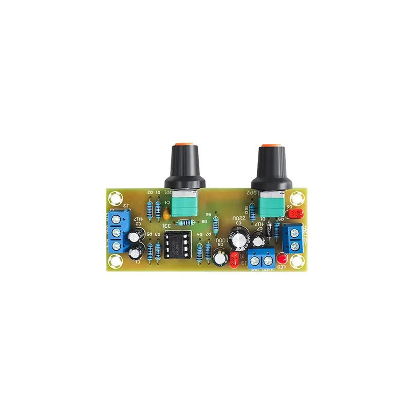 Front stage audio bass boost circuit board on FR-4 PCB with potentiometers