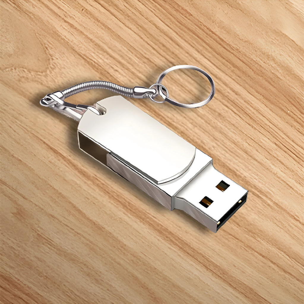 White metal USB flash drive with rotating cap shown next to a UK 10p coin for scale