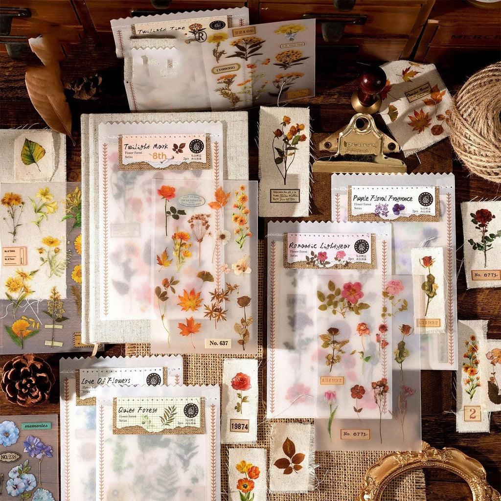 Huazhisen Series sticker material pack showing transfer paper and cotton linen sheets in 85x180mm size with literature-style forest designs