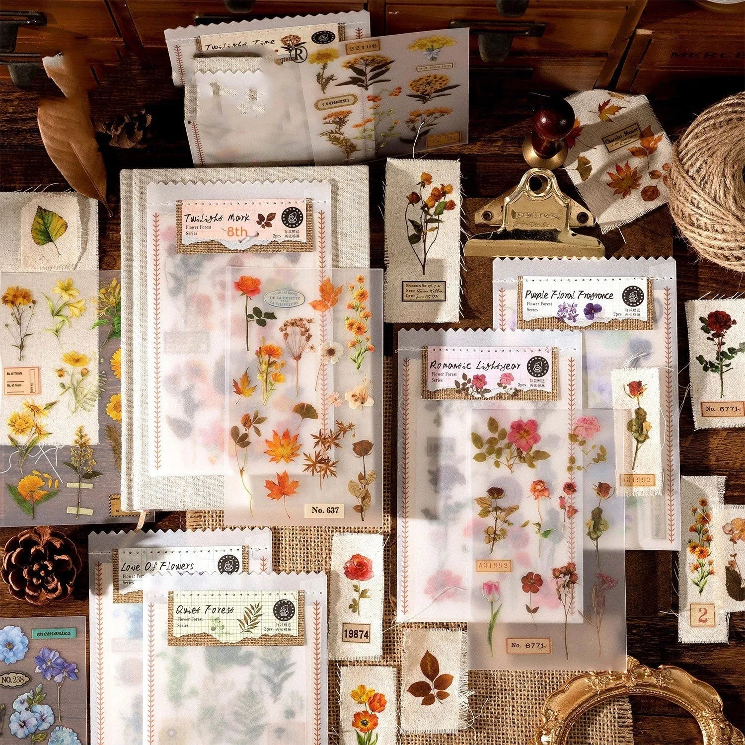 Huazhisen Series sticker material pack showing transfer paper and cotton linen sheets in 85x180mm size with literature-style forest designs