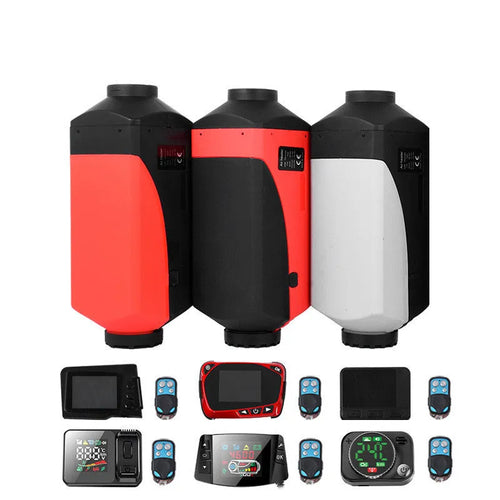 Red and black diesel air heater kit with wiring, pump, tank and installation components for trucks and RVs