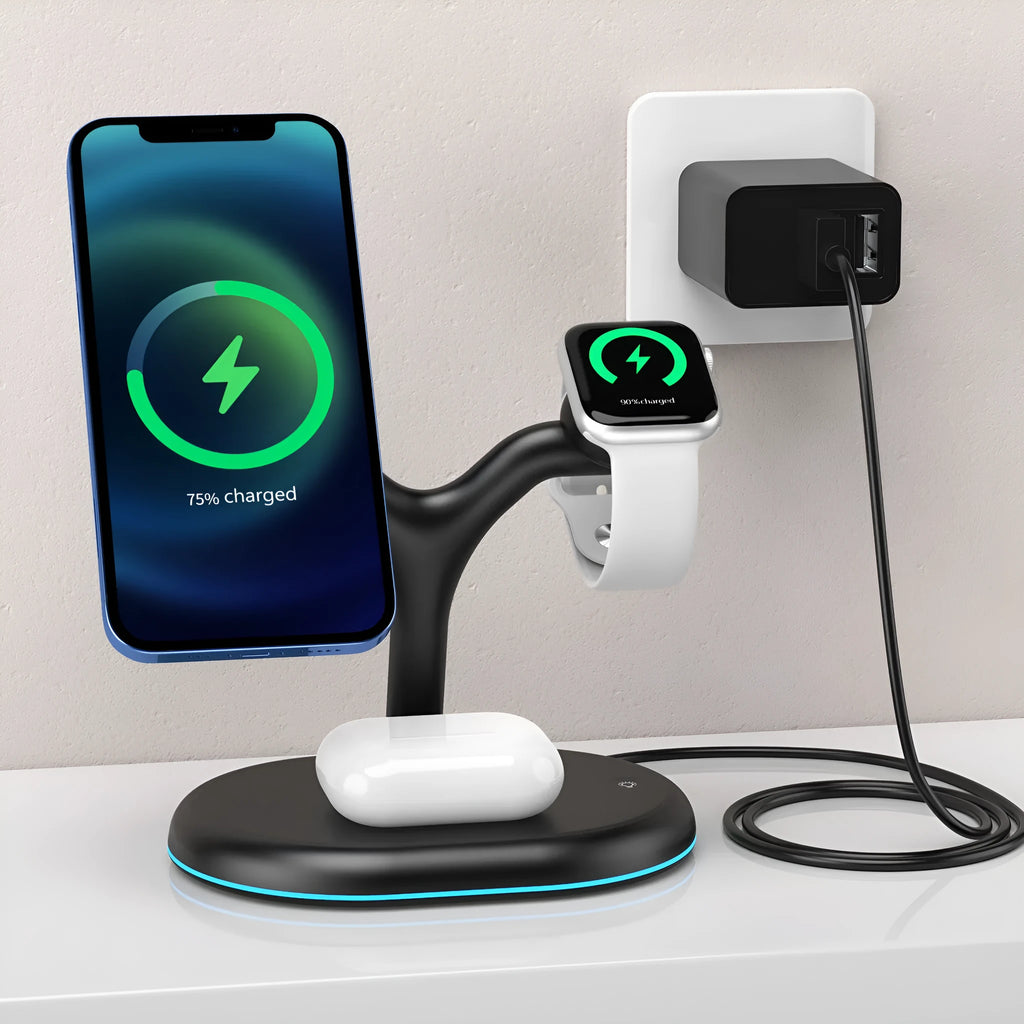 Black three-in-one magnetic wireless charger for mobile phones and earbuds on a table.