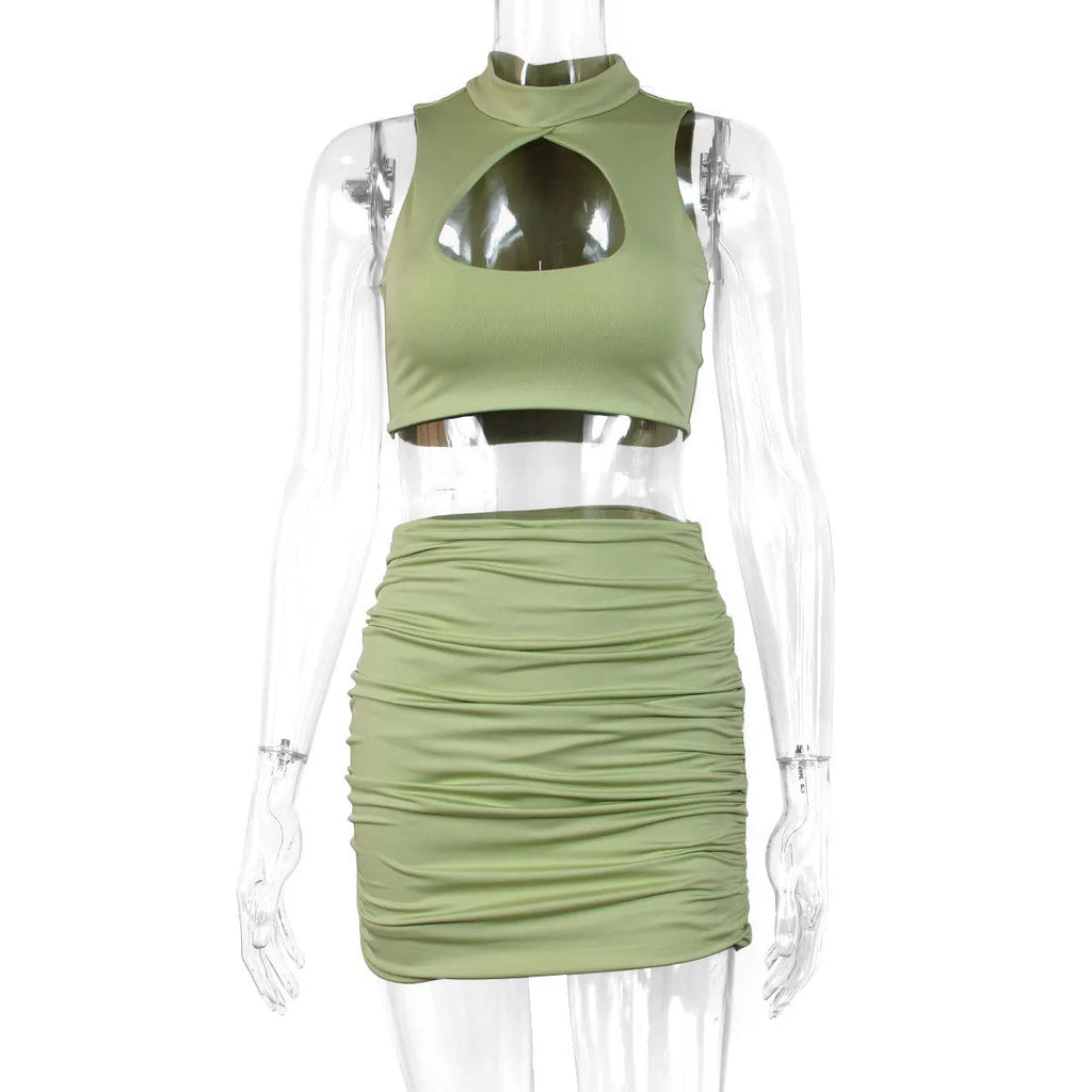 Women's light purple elastic polyester two-piece set with hollow vest top and split skirt