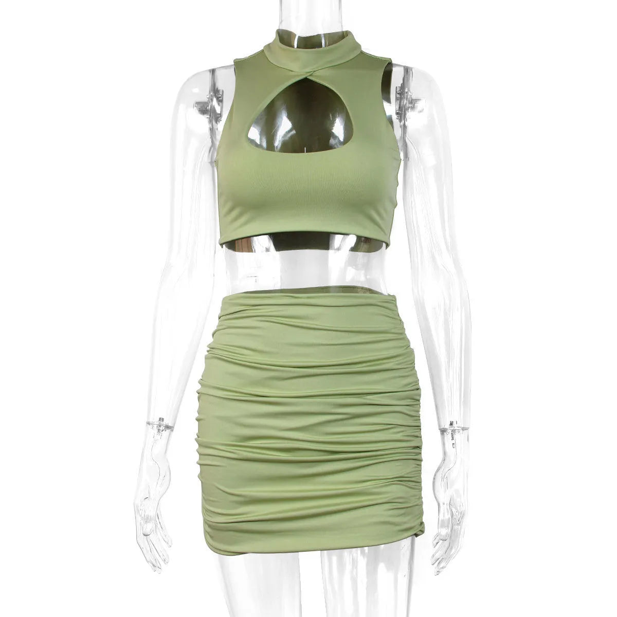 Women's light purple elastic polyester two-piece set with hollow vest top and split skirt