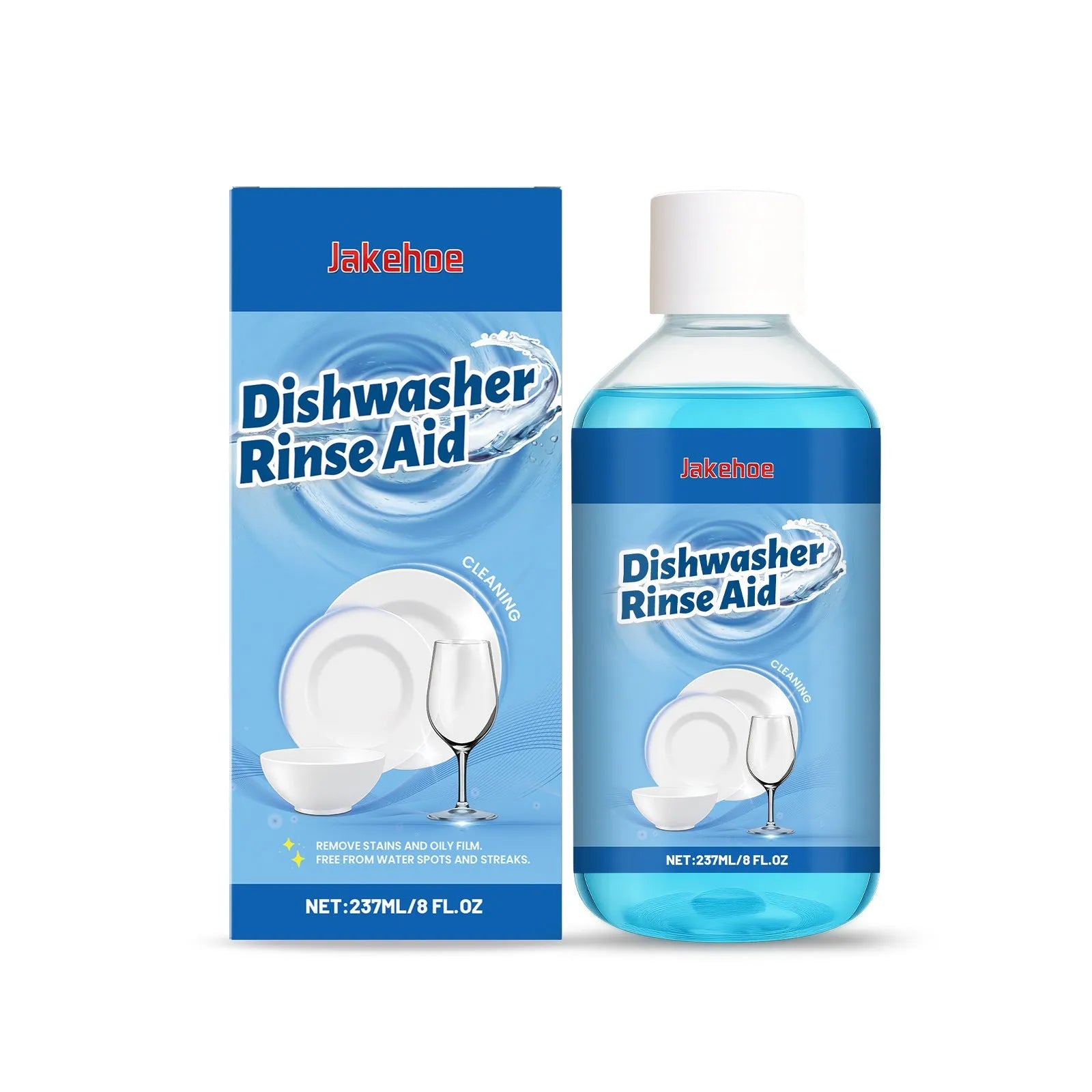 237mL bottle of dishwasher detergent cleaning aid for plates and kitchenware.