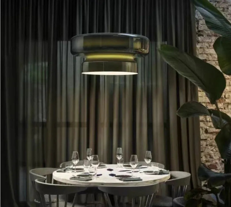 Modern glass chandelier lighting fixture with colour options for bedroom use