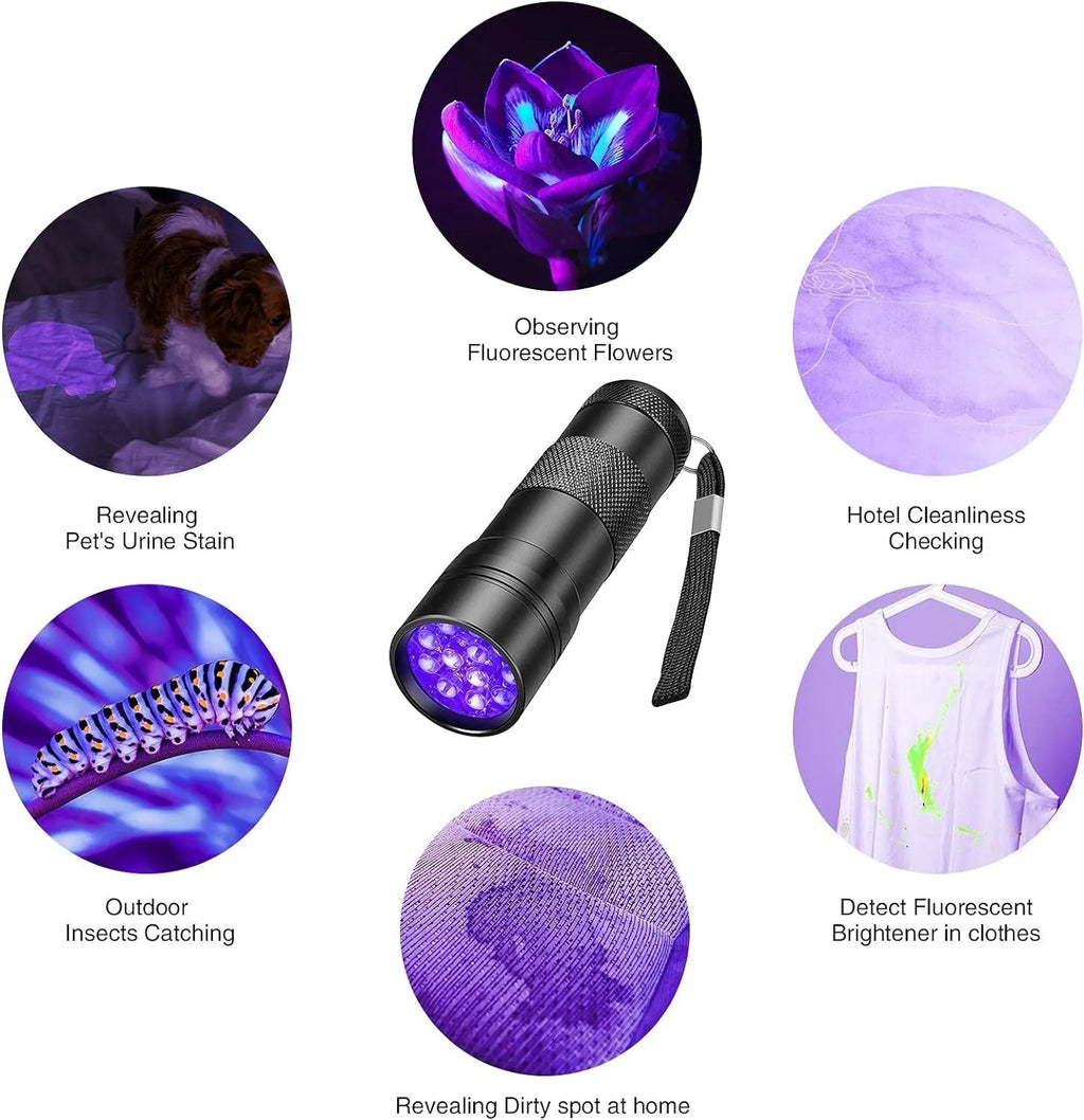 Black aluminium alloy UV flashlight with silver accents, shown with a length of 9.8cm.