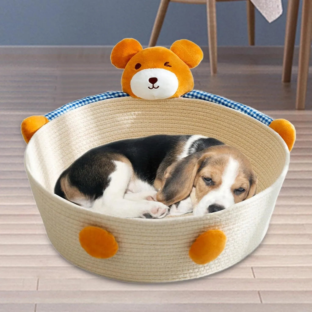 Woven cotton rope cat bed basket with integrated scratch pad in bear design