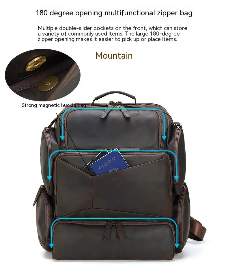 Dark brown genuine leather 17-inch laptop backpack with double straps and multiple pockets.