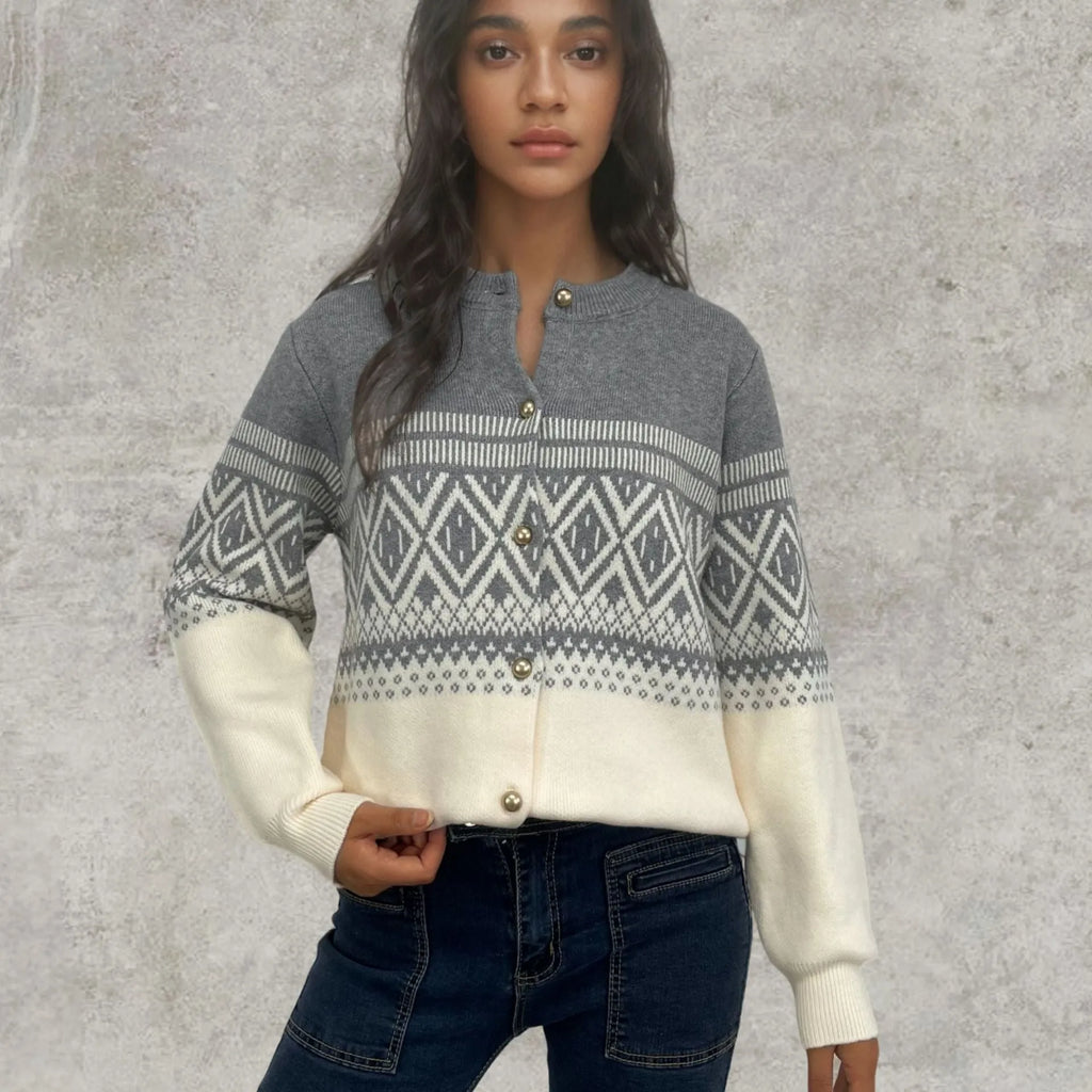 Women's grey alpaca wool cardigan with pink diamond pattern long sleeves