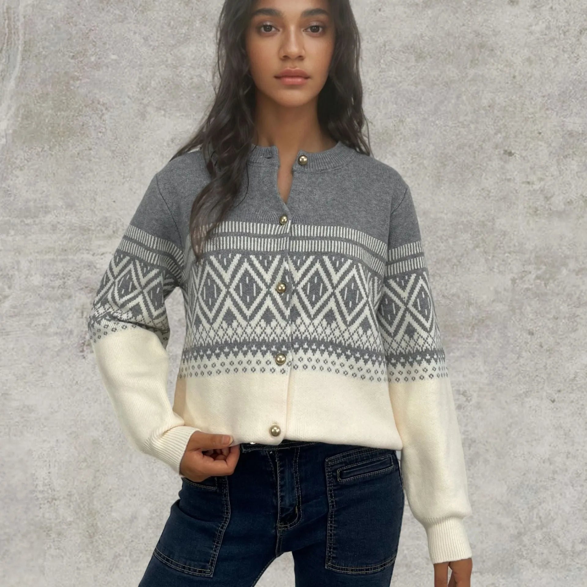 Women's grey alpaca wool cardigan with pink diamond pattern long sleeves