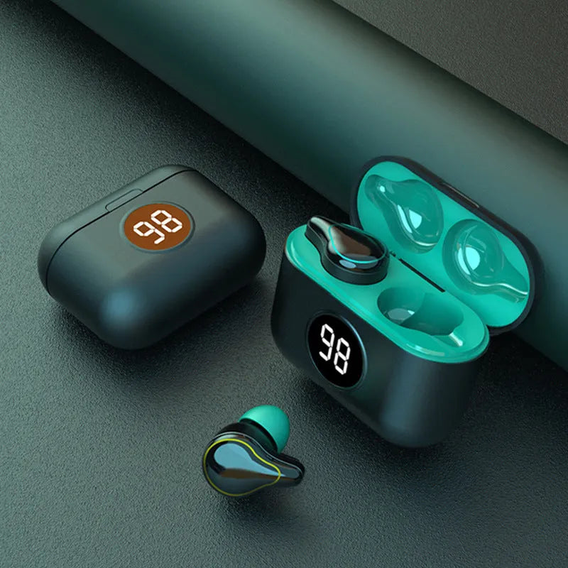 Black and blue in-ear Bluetooth headset with earplug design for stereo sound.