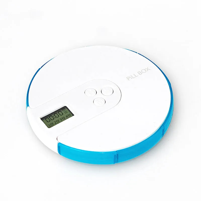 Seven-compartment alarm clock pill dispenser with display, slim 2 cm profile, shown in blue colour option