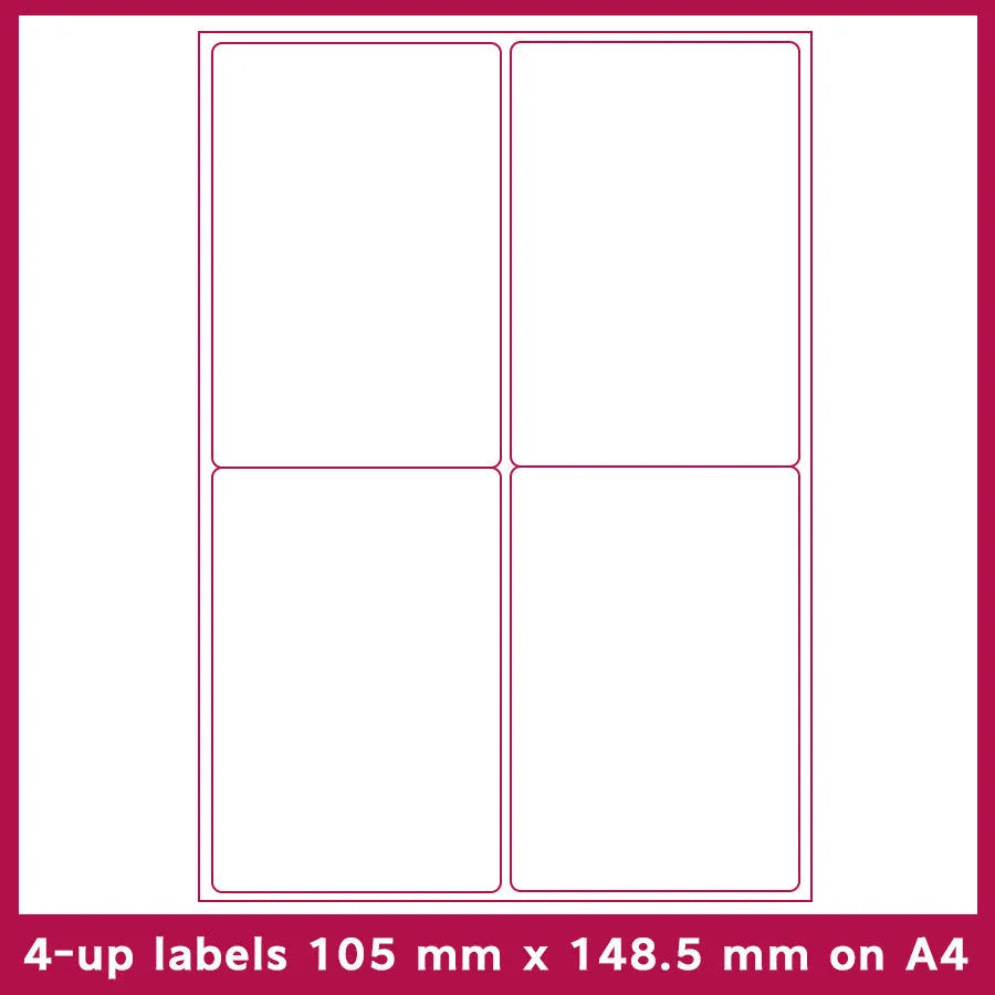 Pack of 100 blank white A4 FBA label sheets showing various pre-cut grid layouts for barcodes.