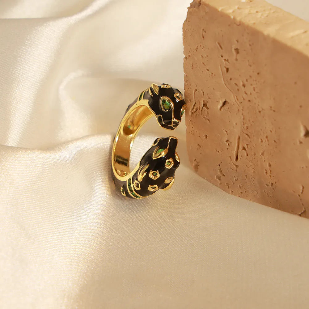 Women's black cheetah pattern open ring geometric design copper electroplated size 7