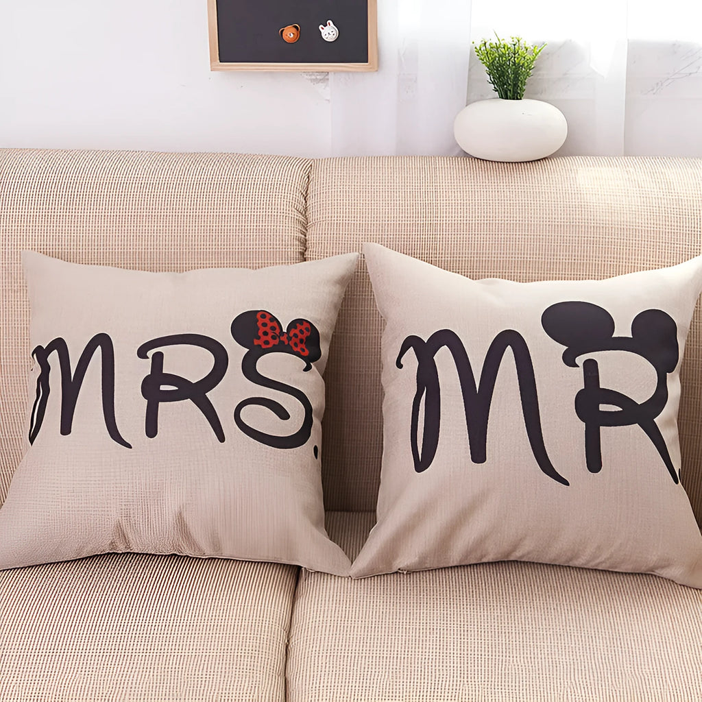 Cartoon Valentine linen pillowcase 45x45cm square cushion cover with MR MRS print on sofa