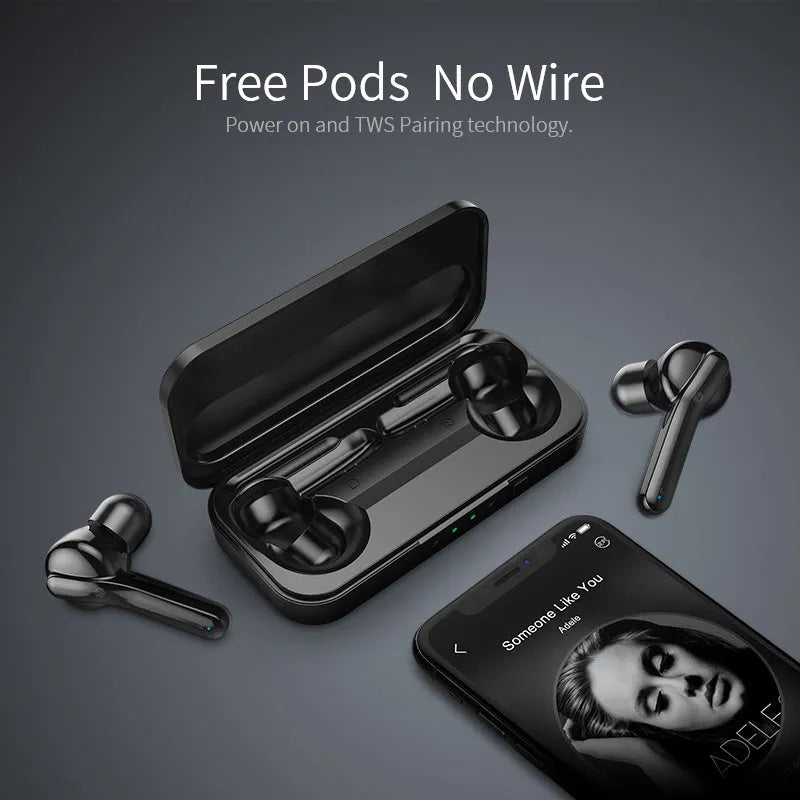 Black and white true wireless Bluetooth earbuds with charging case.