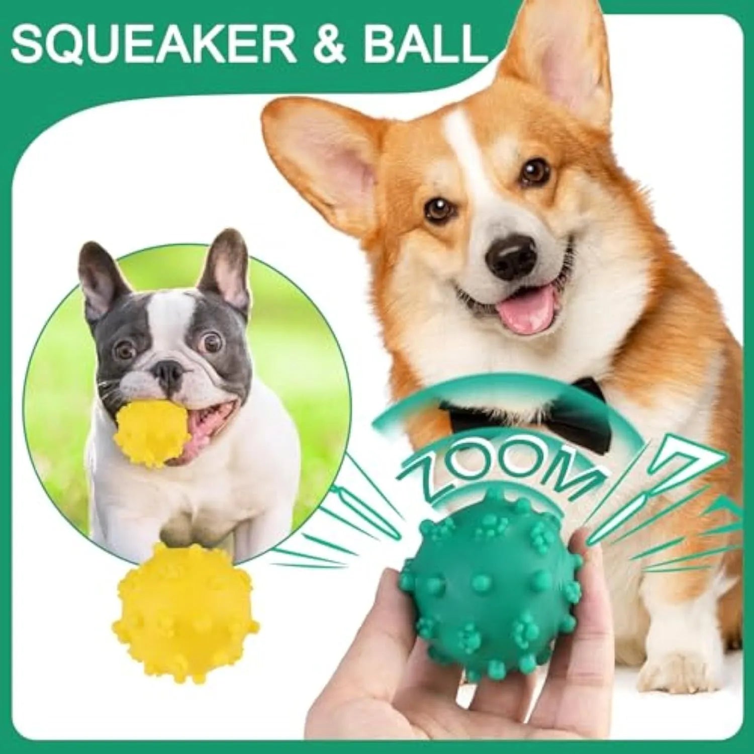 Bright coloured spike-textured dog toy balls with squeaker for small breed dogs