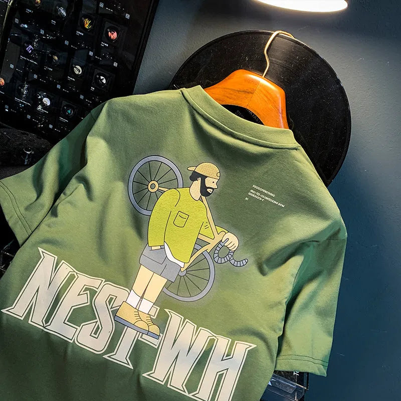 Green men's loose fit t-shirt with literary youth print and short sleeves for sports wear