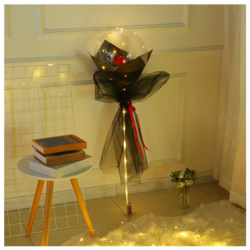DIY LED light up transparent balloon with artificial rose components for self-assembly