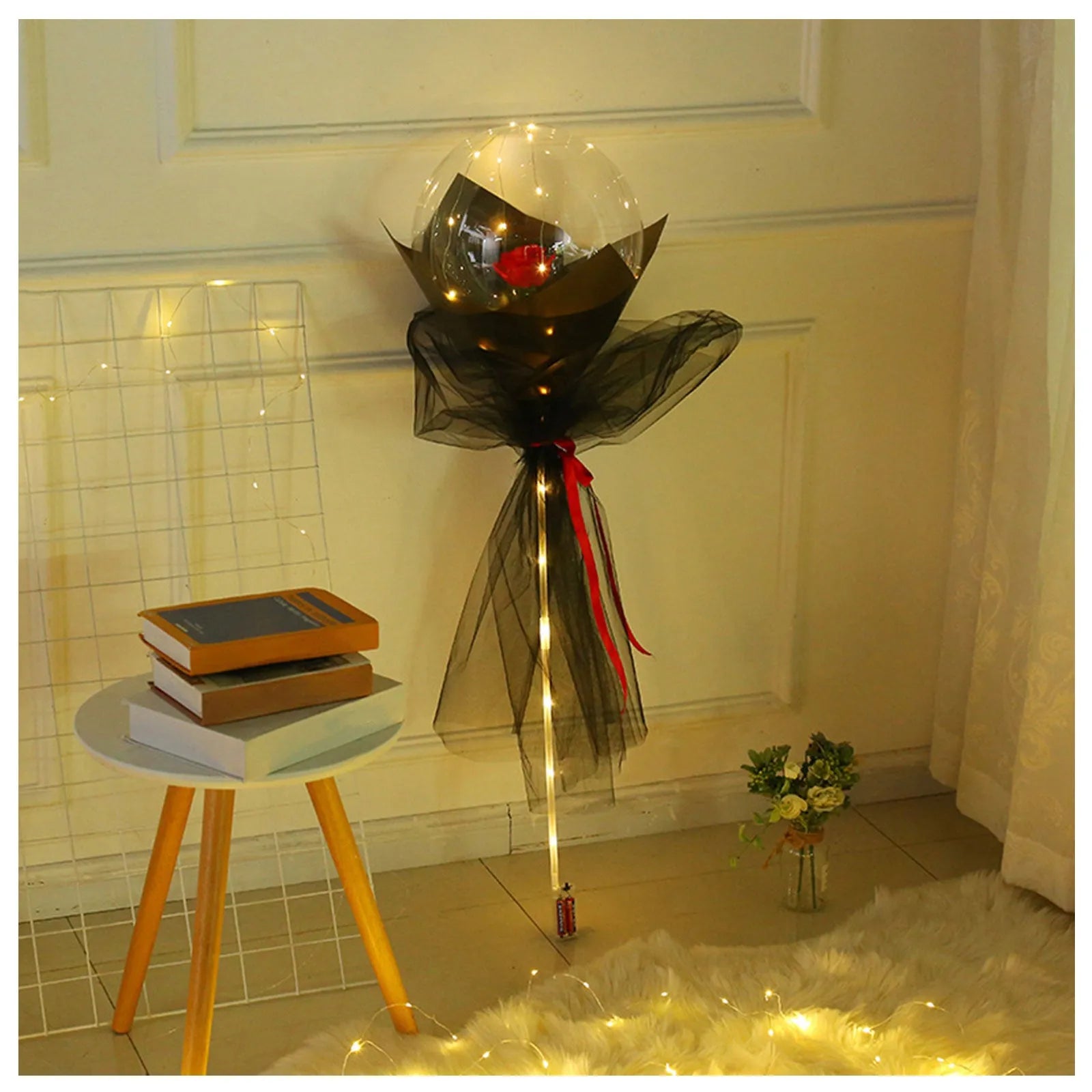 DIY LED light up transparent balloon with artificial rose components for self-assembly