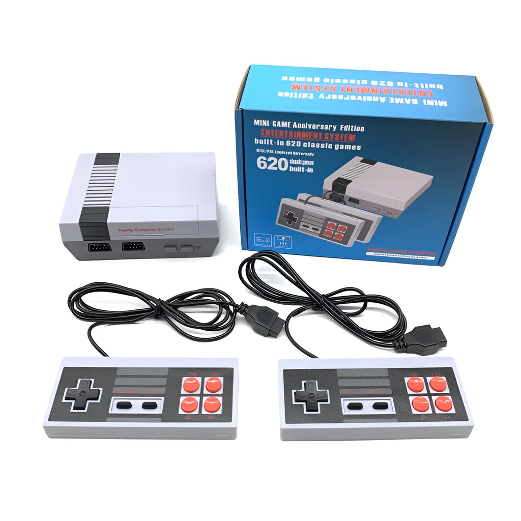 NES retro game console with two controllers showing compact design and AV output connections
