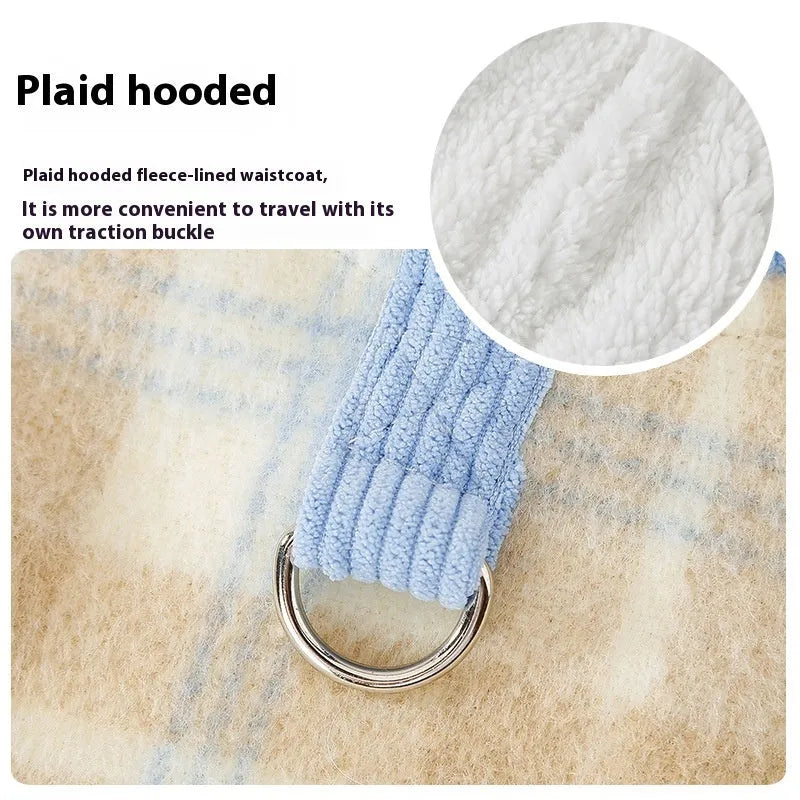 Blue corduroy pet hooded vest with chessboard grid pattern showing hood and traction design