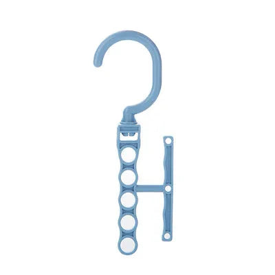 Blue revolving magic wardrobe hanger with five branches and a central carry handle.