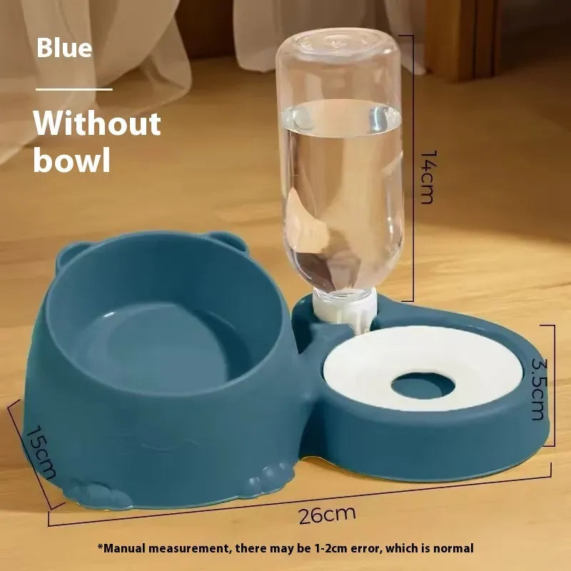 Automatic drinking pet fountain with two plastic food bowls in haze blue colour
