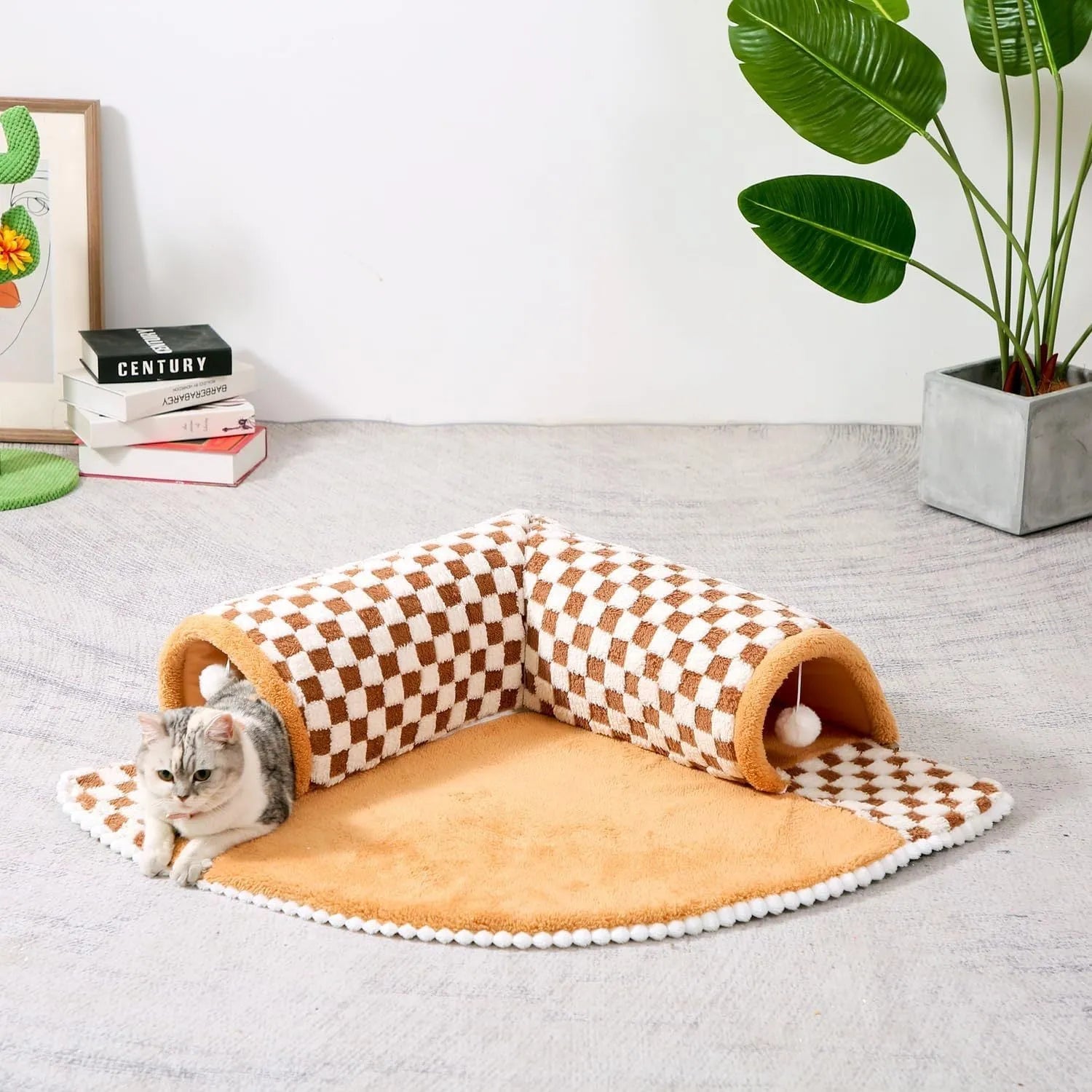 XL size coffee and yellow plush 2-in-1 pet bed with integrated tunnel for cats and dogs