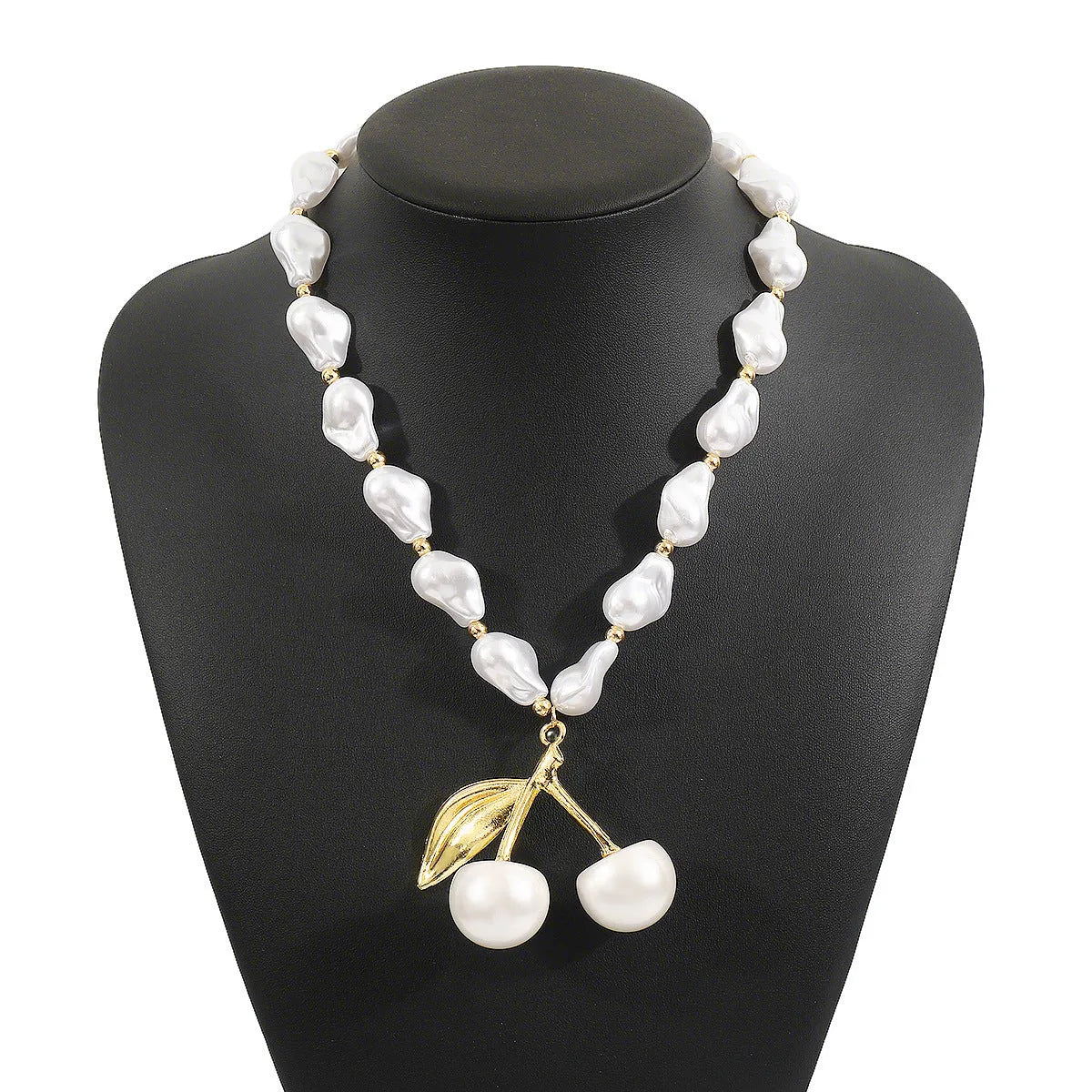 Women's adjustable cherry necklace with geometric fruit pendant on imitation pearl chain in gold or white K colour