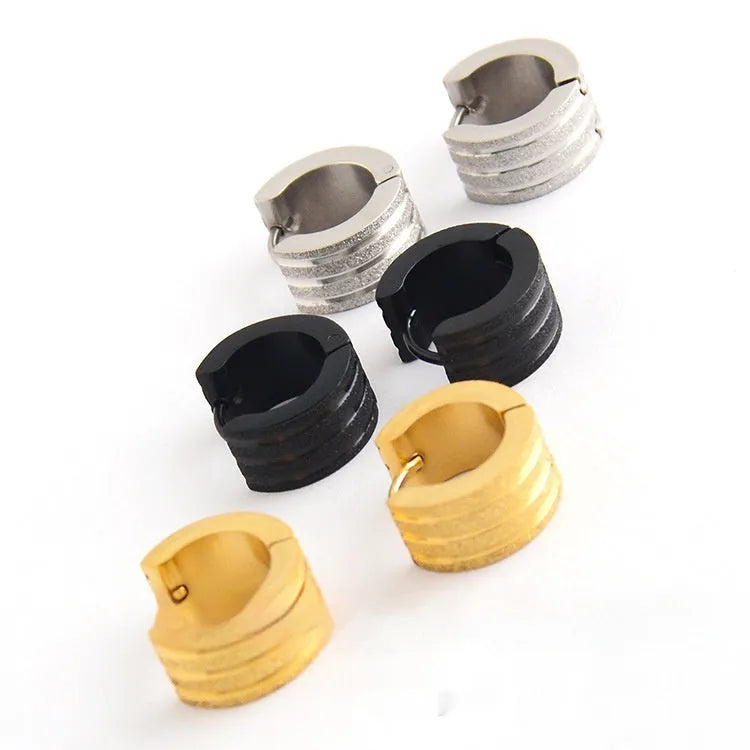 Geometric Korean-style earrings with frosted three-line texture in black, gold, or steel finish