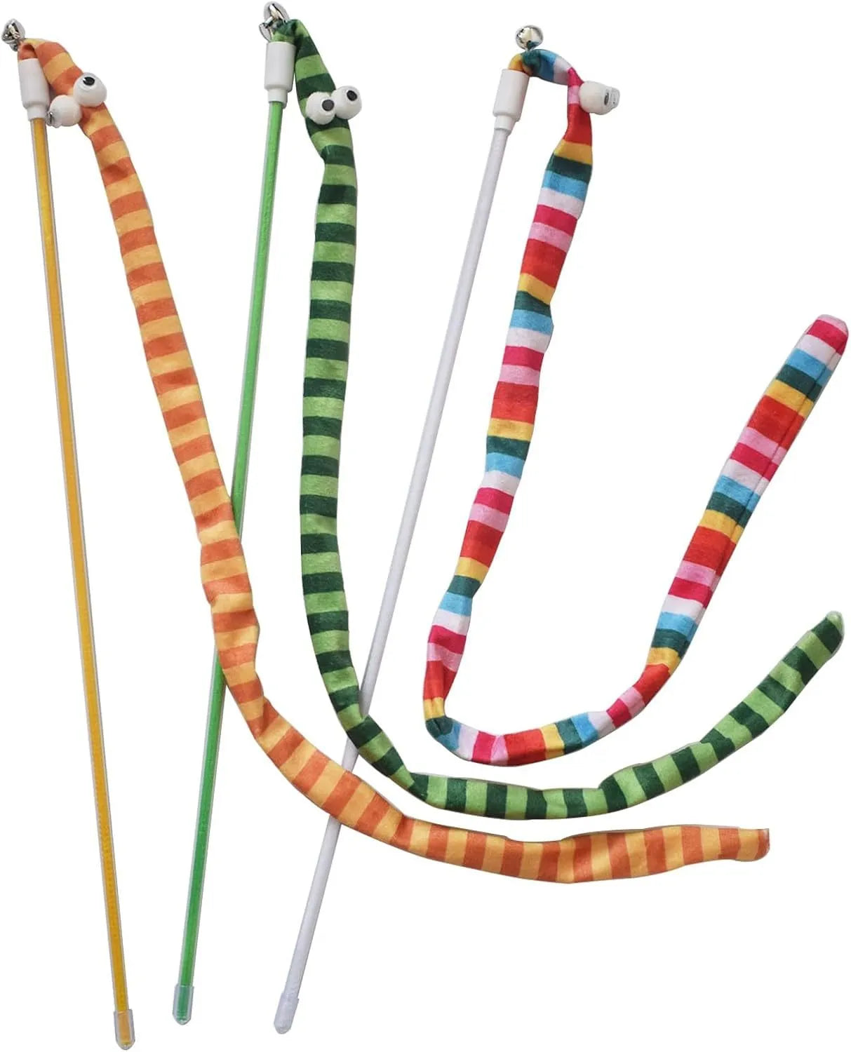 Cat wand toy with polycarbonate handle and long plush strip in vibrant colours