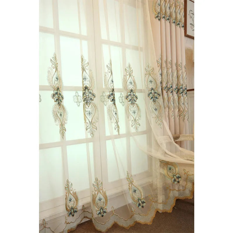 Slub cotton embroidery curtain fabric in beige with flat embroidery detailing for high shading vertical curtains