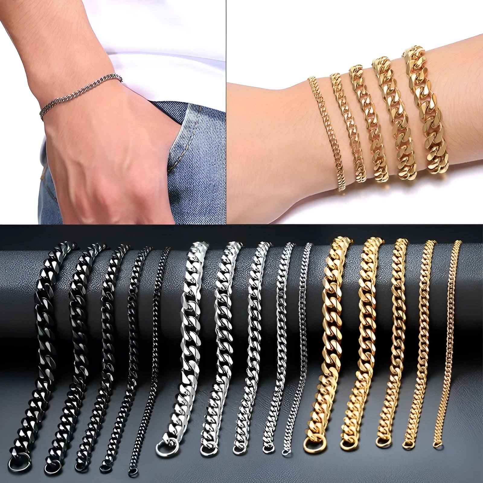 Geometric six-sided Cuban link metal bracelet in gold colour on a wrist.
