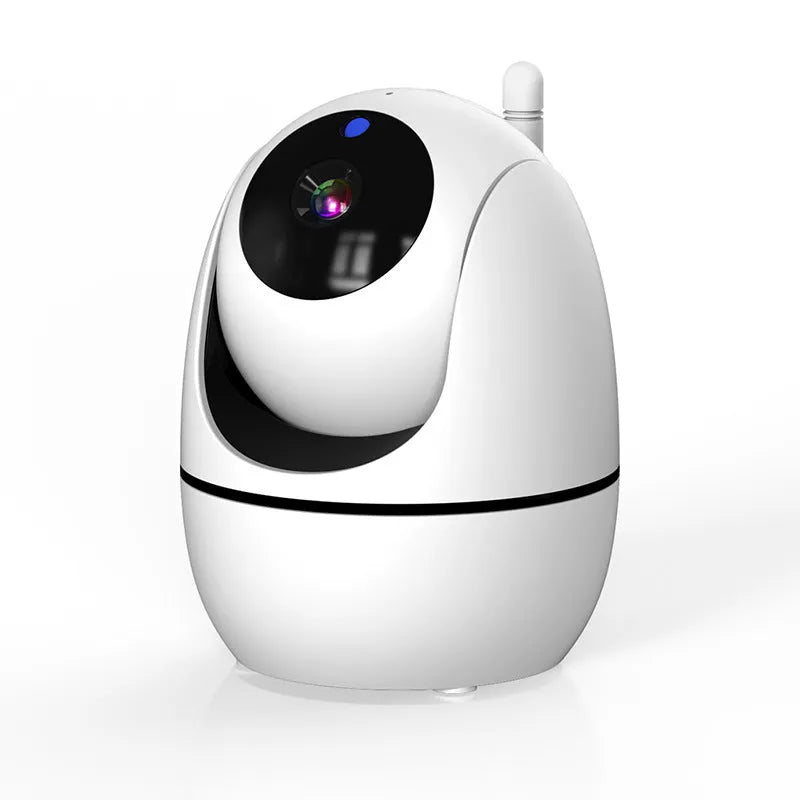 White HD wireless baby monitor with 5-inch screen and separate camera on a nursery shelf.