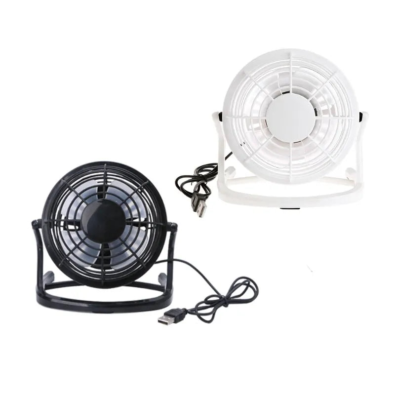 Mini USB desk fan with adjustable angle, black plastic housing, and 96mm blades for laptop cooling