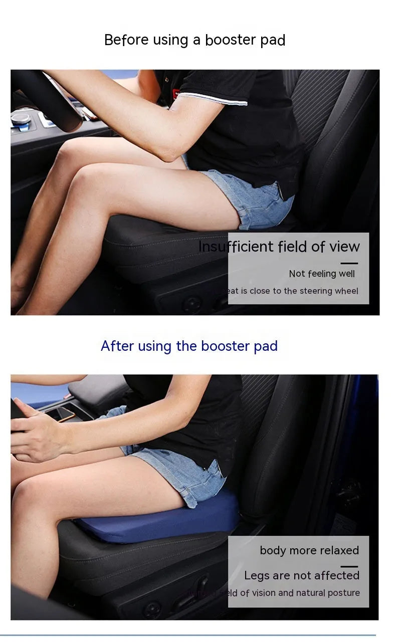 Black car seat cushion with thick foam padding measuring approximately 42cm by 39cm