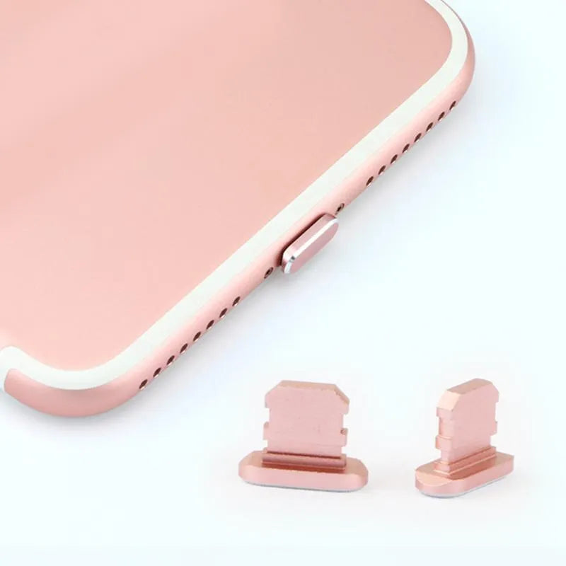 Aluminium alloy iPhone charging port dust plug shown in various colours including gold, silver, blue, and rose gold.