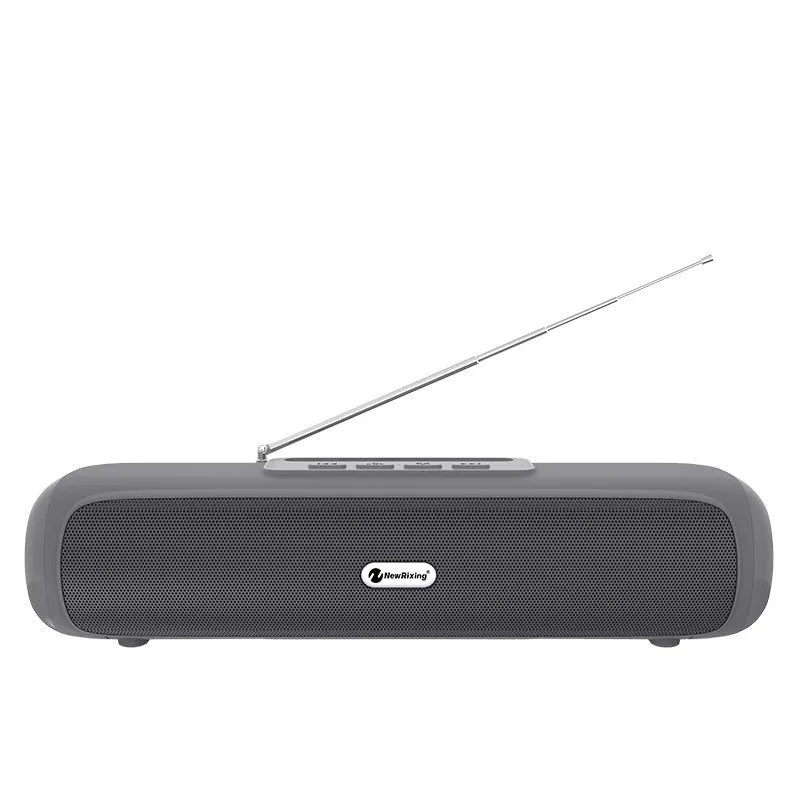 Desktop wireless long strip speaker in black with radio subwoofer grille and USB charging port