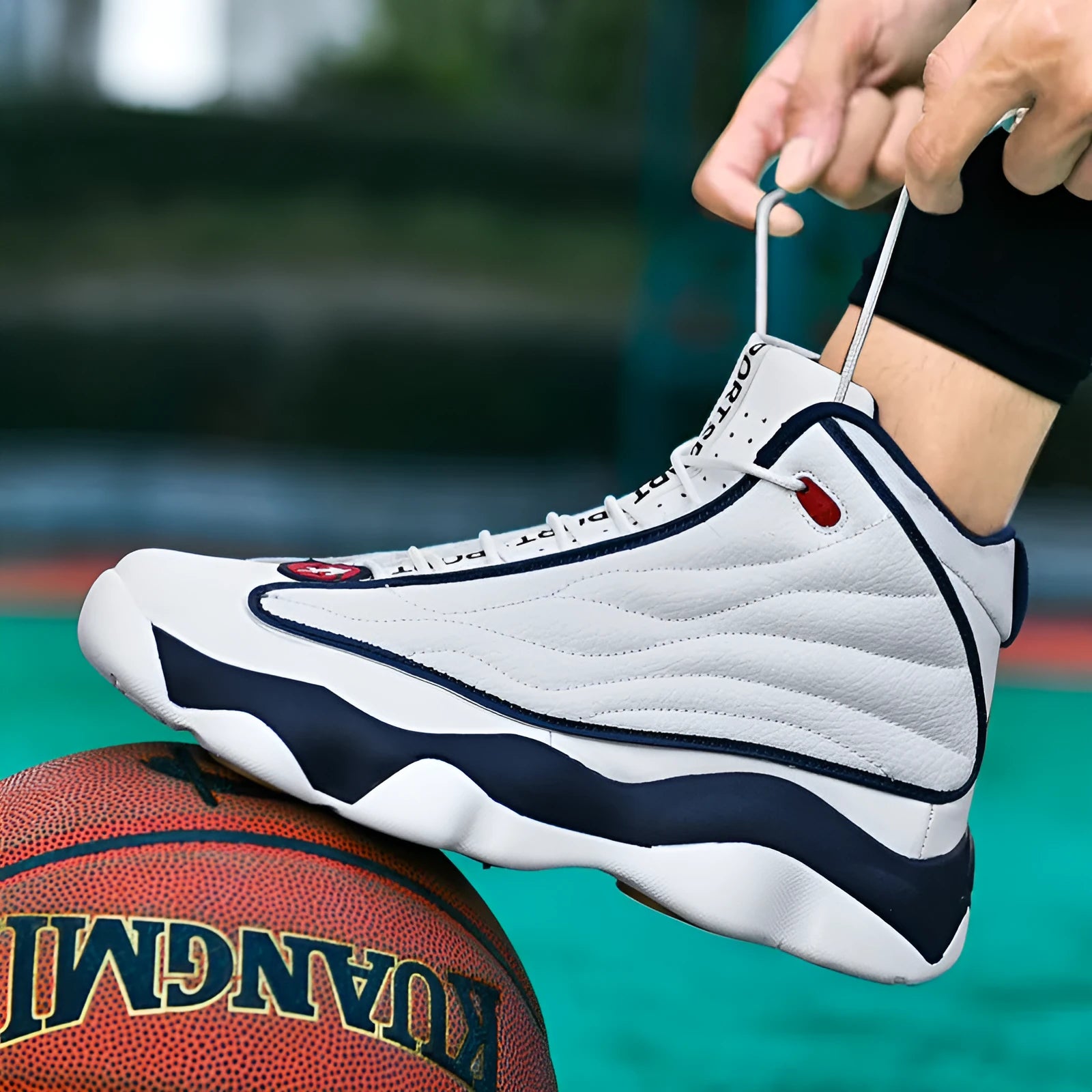 High-top basketball shoes with thick rubber sole and mesh upper in white red colourway