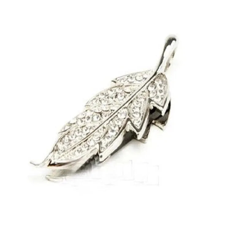 Silver metal USB flash drive with crystal leaf jewellery design on a white background.