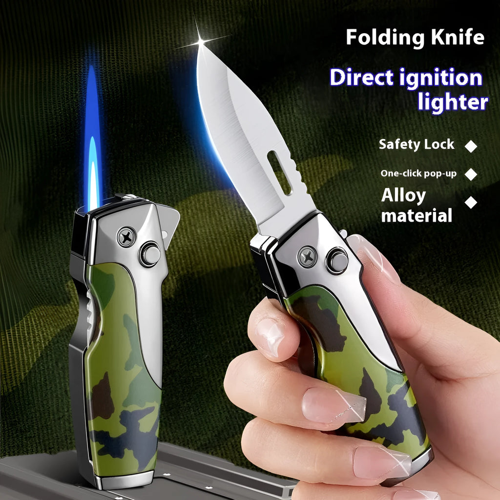 Zinc alloy folding lighter tool with integrated pocket knife blade, shown in a selection of wood grain and carbon fibre finishes.